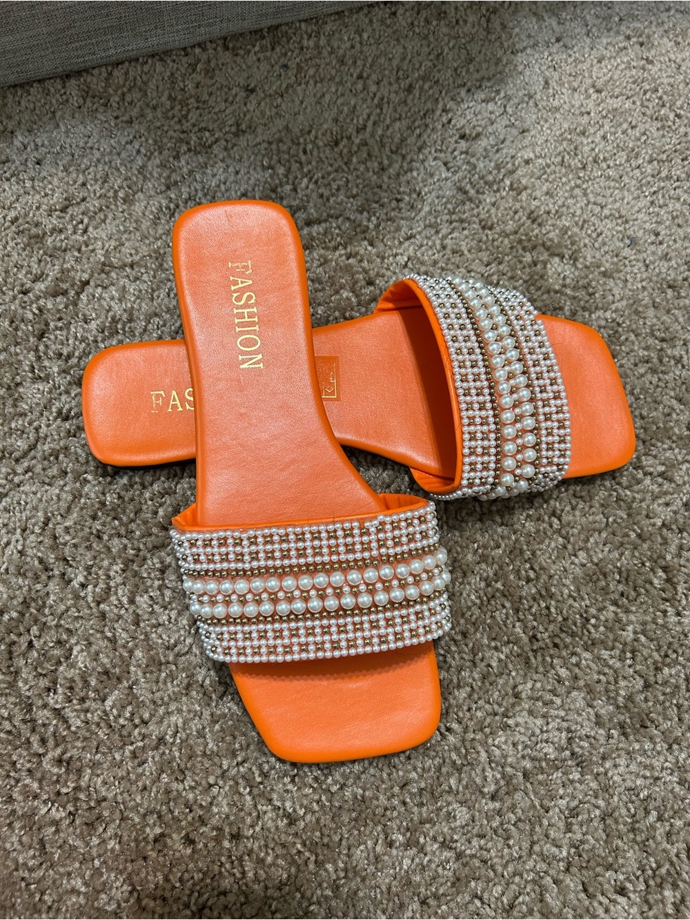Orange Pearl-Embellished Slide Sandals for Women